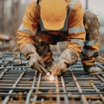 Pracownik budowlany w stroju ochronnym przy zbrojeniu – zatrudnianie obywateli Ukrainy w 2026 roku.