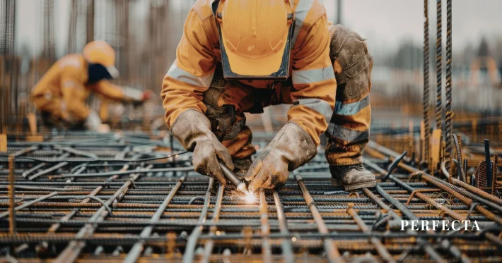 Pracownik budowlany w stroju ochronnym przy zbrojeniu – zatrudnianie obywateli Ukrainy w 2026 roku.